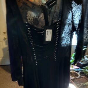 The Kooples Shear Black Dress Quarter Length Sleeves Upper Lace Lined Small